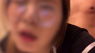 A very cute girl with glasses gets cummed in her pussy full of cum.