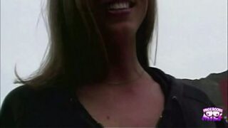 A wild brunette gets caught pissing, gets interviewed, and slammed by a buff dude