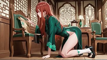 AI- Red Hair & Emerald Qipao! Lazy Seduction in the Eastern Courtyard. Kneeling, reclining, high slits and open backs under dappled light. Private tension and a slow-burn climax you won’t believe.
