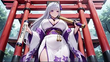 Ai- Silver-Haired Miko Shrine Secrets! Half-unbuttoned white kimono, kneeling poses and intense eye contact.
