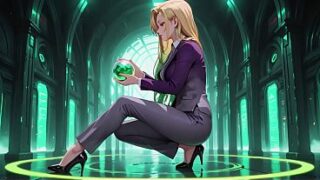 Blonde Boss in Purple Suit! Office & Train Private Moments. She’s multitasking with files while secretly adjusting her skirt… That gaze is deadly!