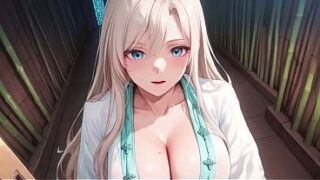 White Kimono Maid! Kneeling in the Japanese Corridor, High Slit Revealing Wet Thighs Under the Sun.