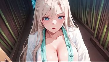 White Kimono Maid! Kneeling in the Japanese Corridor, High Slit Revealing Wet Thighs Under the Sun.