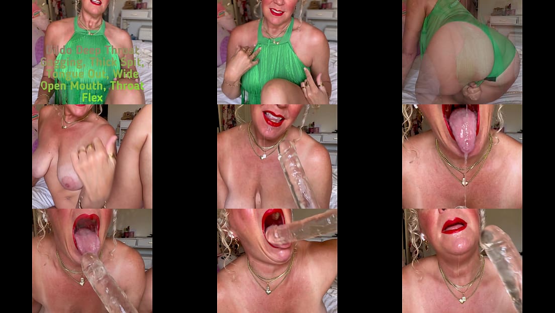 Dildo Deep Throating, Gagging, Thick Spit, Tongue Out, Wide Open Mouth
